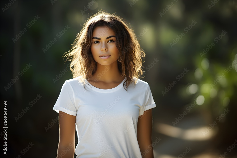 Sunlit Portrait of a Radiant Young Woman Wearing a White T-Shirt Amidst Nature. T-shirt Mockup Concept. Sunlit Portrait of a Radiant Young Woman Wearing a White T-Shirt Amidst Nature. T-shirt Mockup Concept.