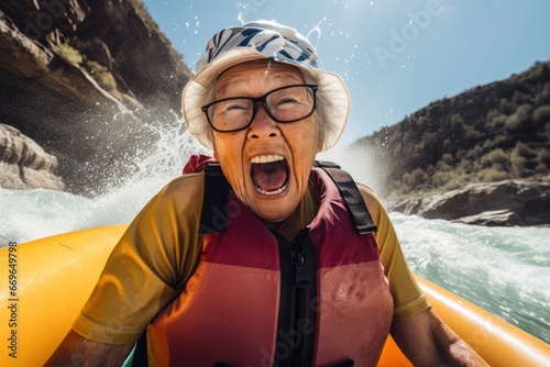 Asian Female Elderly Whitewater Rafting Waterfall Backdrop Generative AI © Johnathan