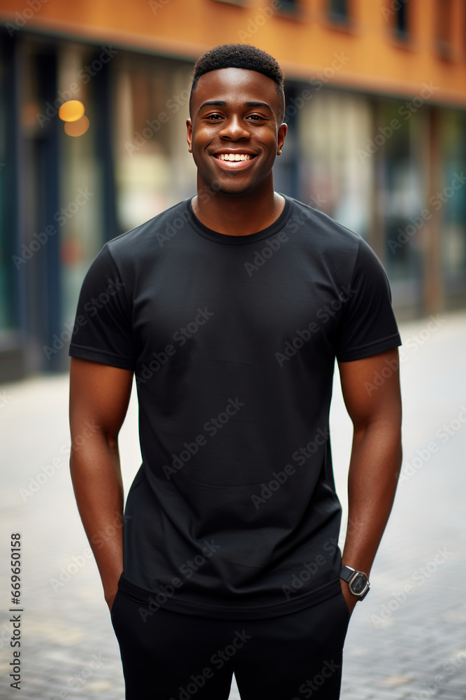 Man wearing blank black t-shirt. Model t-shirt mockup. Blur background Man wearing blank black t-shirt. Model t-shirt mockup. Blur background