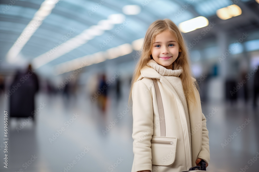 Little girl with suitcase  at airport waiting for flight.  Kids travel, vacation and family travel concept  