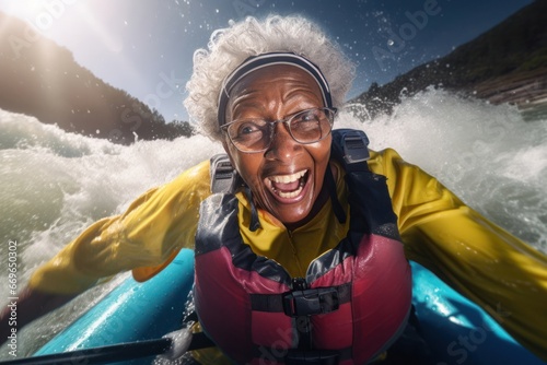 Black Female Elderly Rafting Outfitter Waterfall Background Generative AI