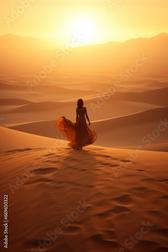 Sunset Over Sand Dunes with Woman Silhouette