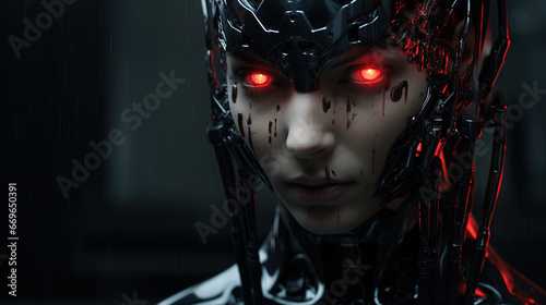 glowing red-eyed robotic woman