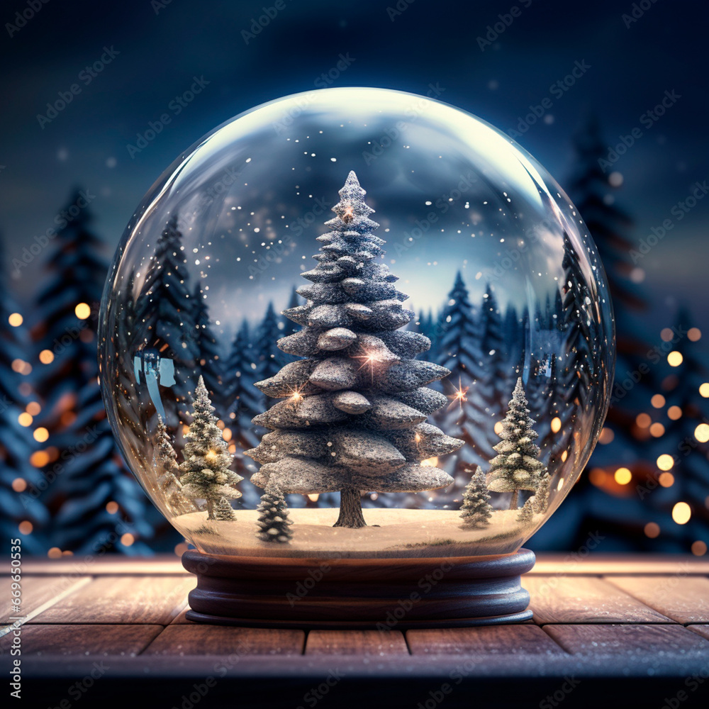 Magical snow globe with Christmas decorations, with a snowy tree inside, on snow and Christmas lights.
