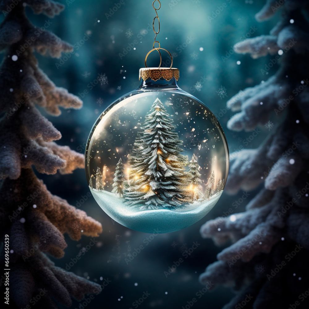 crystal ball with snowy tree inside, over snowy landscape and Christmas lights.