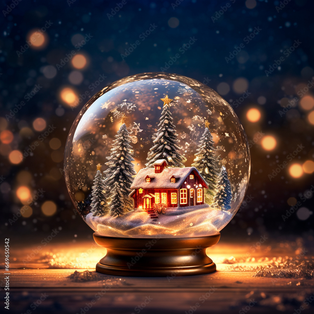 Magical snow globe with Christmas house inside, with snowy trees and Christmas lights.