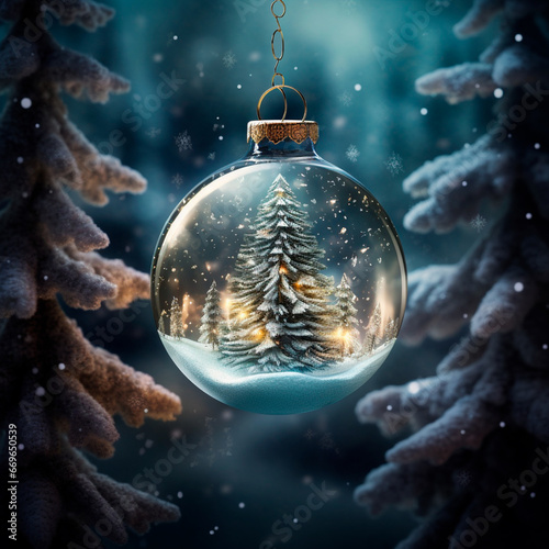 Obraz na płótnie crystal ball with snowy tree inside, over snowy landscape and Christmas lights. w salonie