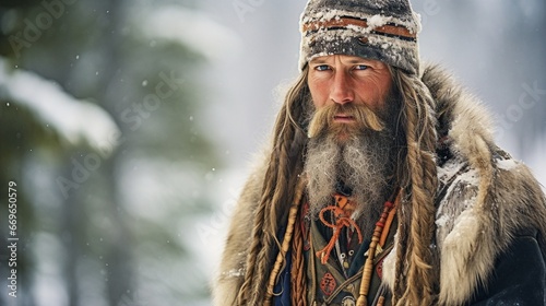 Принти на полотні Portrait of a man in traditional Sami clothing  Finnish clothes