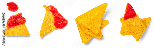 Corn chips nachos and salsa sauce isolated on white background, top view. Flat lay. Creative layout.