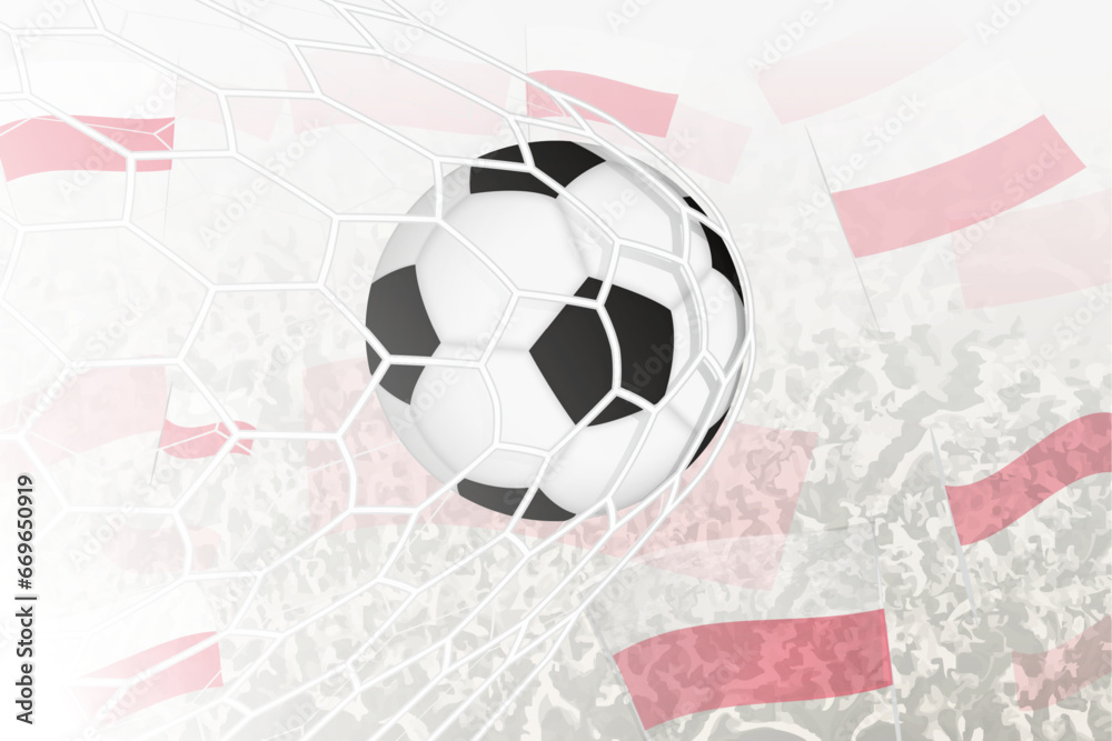 Obraz premium National Football team of Poland scored goal. Ball in goal net, while football supporters are waving the Poland flag in the background.