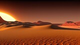 A bright yellow sun appears from behind the sand dunes of the desert. A bright dawn on an unknown planet. Fantasy world. Generated AI.