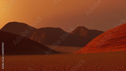 A dry desert with red sand and cracked earth. Fantasy world. Generated AI.