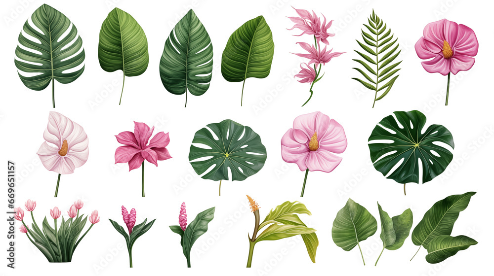 Set of tropical leaves and flowers isolated on transparent background. Beautiful tropical exotic foliage. Generative AI