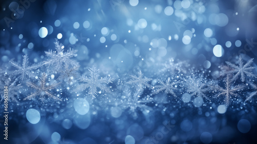 Background image of flying white snowflakes on a snowy blue background.