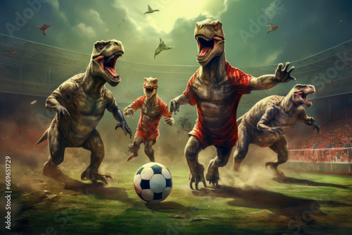 Dinosaurs playing soccer.