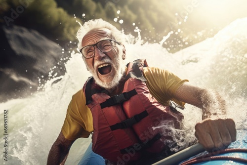 Caucasian Male Elderly Whitewater Rafting Upstream Backdrop Generative AI