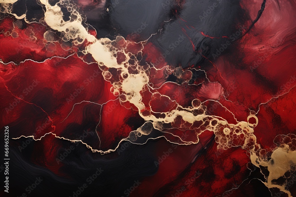 Résumé rouge et noir avec des tourbillons de marbre et des ondulations d'agate. Beau fond organique avec de la poudre d'or. IA générative, IA - obrazy, fototapety, plakaty 