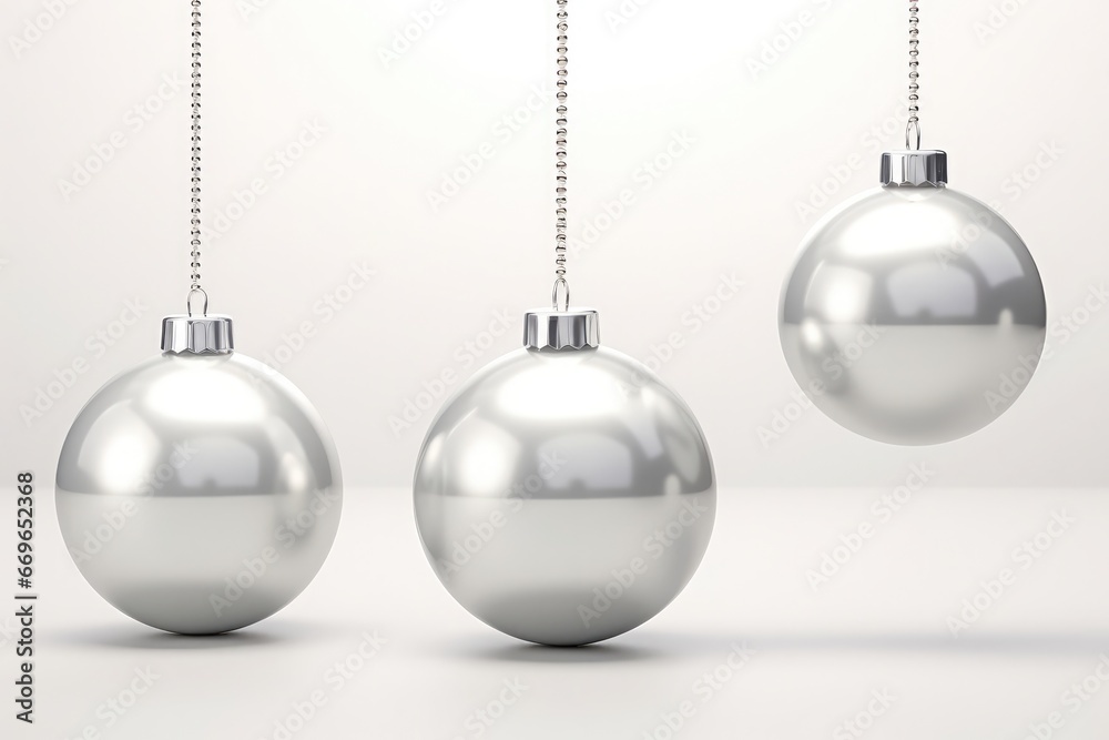 Close up of three minimalism silver Christmas tree toy balls on festive white background. Close up of three minimalism silver Christmas tree toy balls on festive white background.