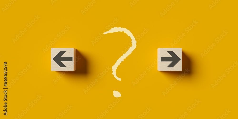 Left and right arrows on wood cubes with question mark in the middle, abstract decision or direction business strategy concept, flat lay top view from above on yellow background - obrazy, fototapety, plakaty 