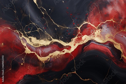 Résumé rouge et noir avec des tourbillons de marbre et des ondulations d'agate. Beau fond organique avec de la poudre d'or. IA générative, IA