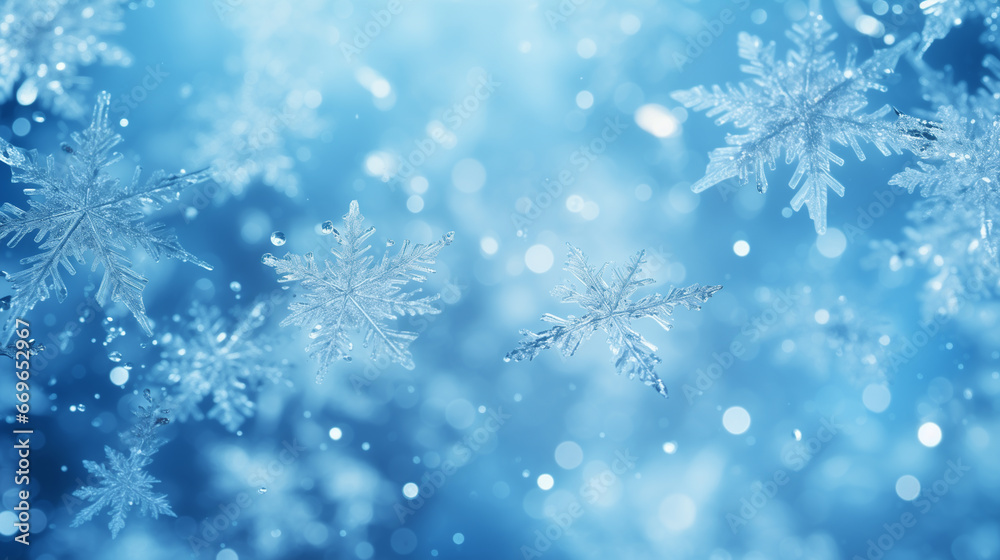 Background image of flying white snowflakes on a snowy blue background.