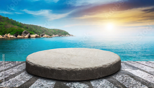 empty round stone platform on seascape background