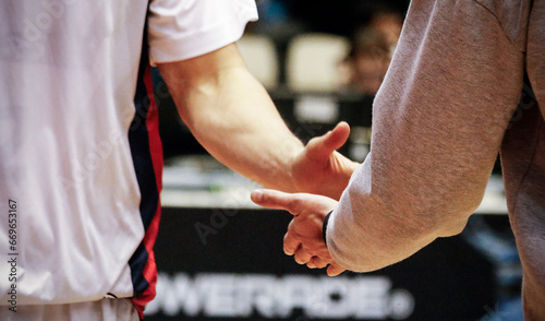 Two athletes from the same team shake hands as a gesture of camaraderie, shake hands, teammates, team, win, compete, help each other