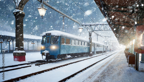 train stop at railway station in a heavy snow day generative ai