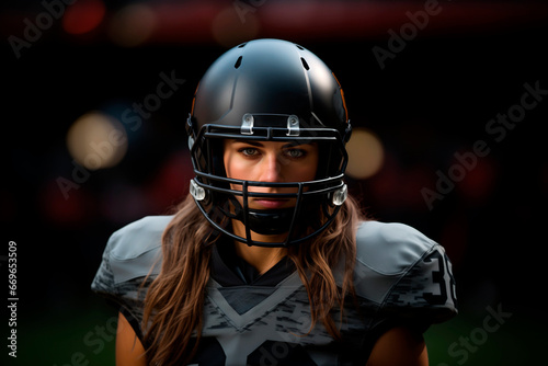 A sportswoman with American football uniform ready to play a game.