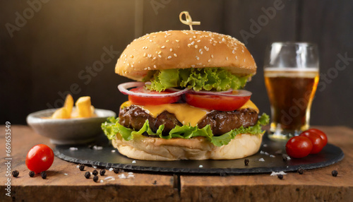 close up home made beef burger on wooden table
