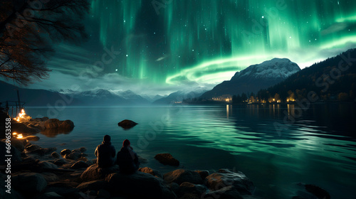 A couple sitting next to a river at night seeing northern lights.