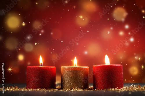 Red christmas burning candles with snowflakes on bokeh background. Generative AI