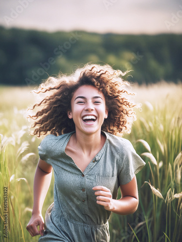 immagine primo piano di giovane affascinante ragazza che corre ridendo all'aperto in un campo con alte spighe di frumento photo