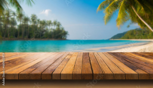 wood table top on blur tropical beach background can be used for display or montage your products high quality photo