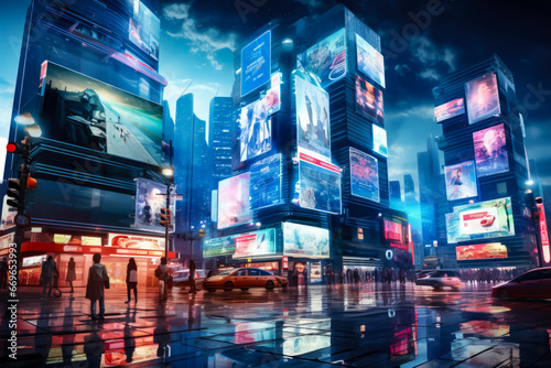 Futuristic city with holographic advertisements.