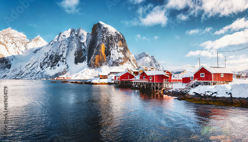 panormic winter view of popular tourist destination lofoten islands red houses on the shore of norwegian sea sunny winter view of sakrisoy fishing village landscape photography