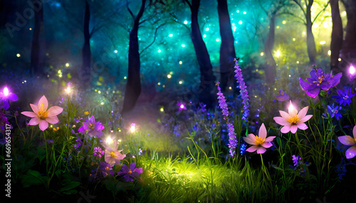 fairy forest at night fantasy glowing flower generate ai