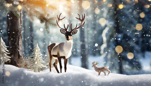elegant reindeer against snowy winter forest background holiday christmas and new year greeting card concept