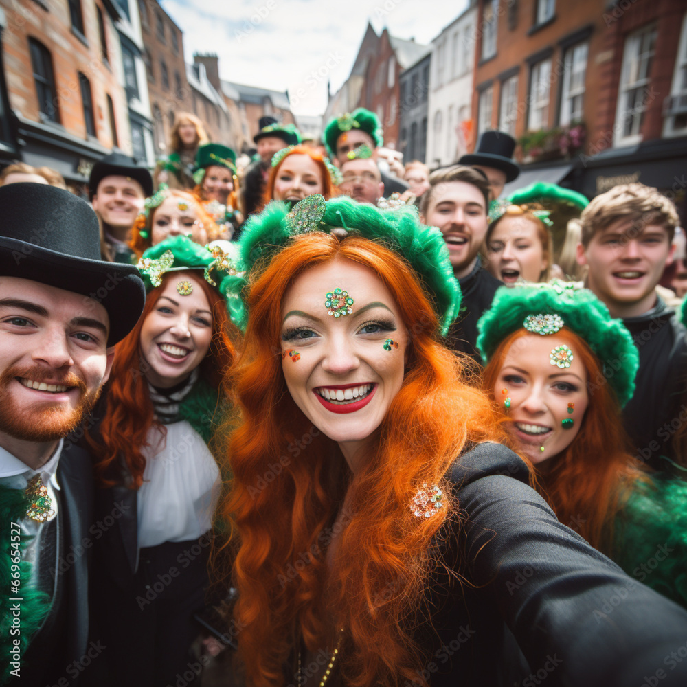 Fototapeta premium A group of people taking a selfie celebrating St. Patrick's Day. Generative AI