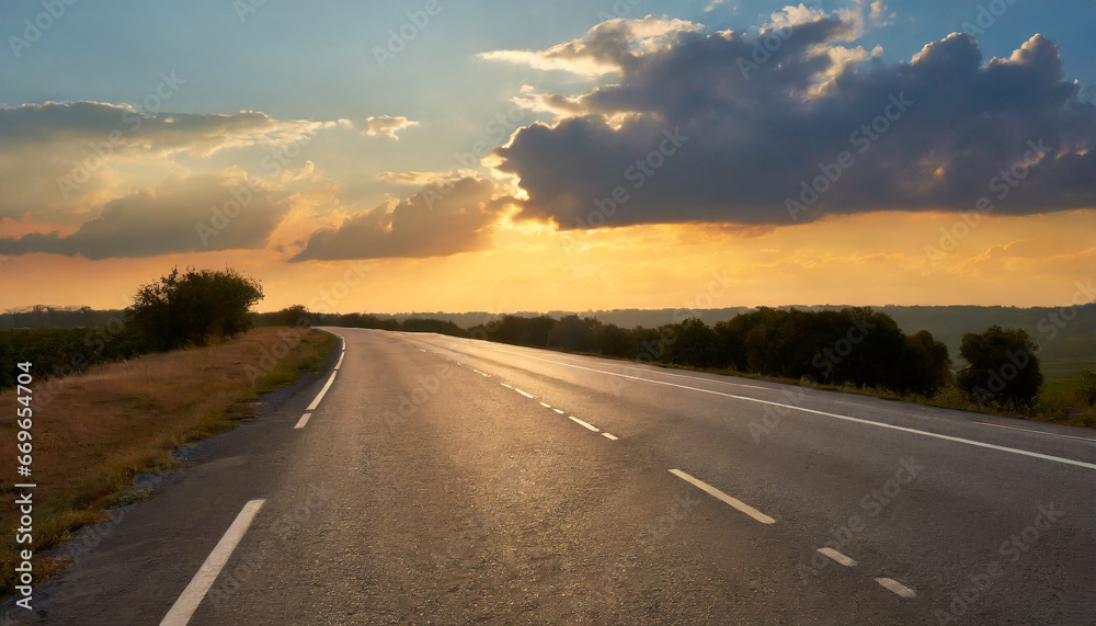 empty asphalt road and beautiful sky at sunset panoramic view high quality photo