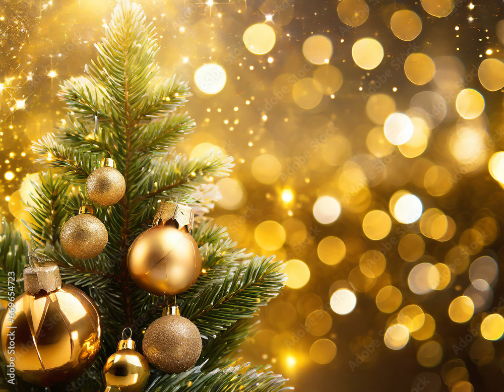 Christmas Tree In Golden Sparkle Background - Shiny Balls With Vintage Defocused Abstract Lights Christmas Tree In Golden Sparkle Background - Shiny Balls With Vintage Defocused Abstract Lights