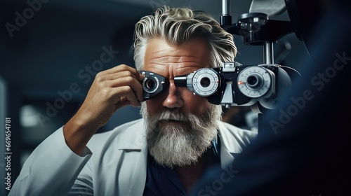 Optimal Vision Care": A content mature patient undergoes an eye test with specialized ophthalmic glasses for the best vision.