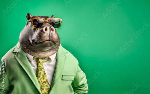 Cool looking hippo or hippopotamus wearing funky fashion dress - jacket  tie  glasses. Wide banner with space for text at side. Stylish animal posing as supermodel. Generative AI