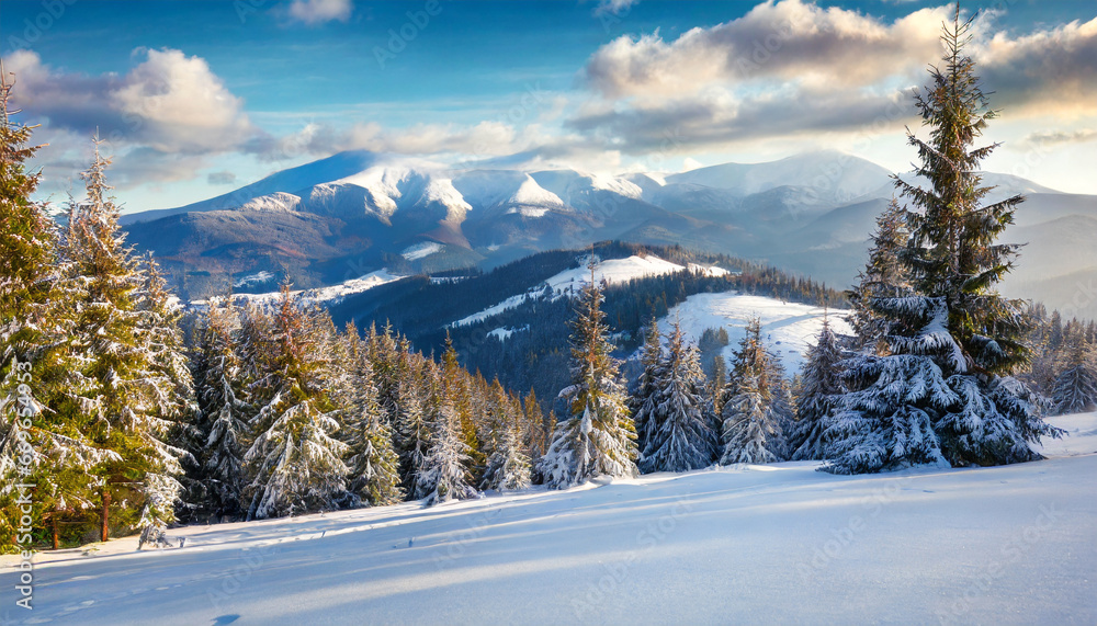 picturesque morning view of carpathian mountains with chornogora ridge on background fresh snow covered fir trees and mountain valley in december beauty of nature concept background