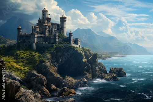 A fortress made of stone overlooking a majestic mountain and the vast ocean. Generative AI