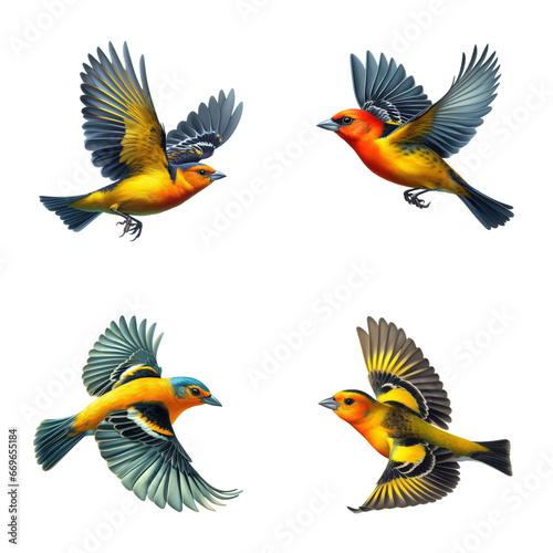 A set of male and female Western Tanagers flying on a transparent background