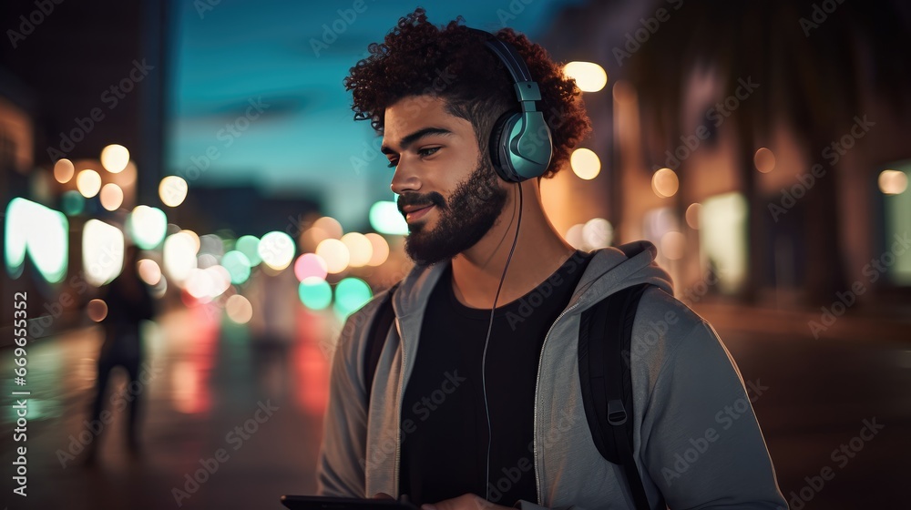 Attractive Hispanic man stands on a dark city street, changing songs on his smartphone, immersed in music with wireless headphones Attractive Hispanic man stands on a dark city street, changing songs on his smartphone, immersed in music with wireless headphones