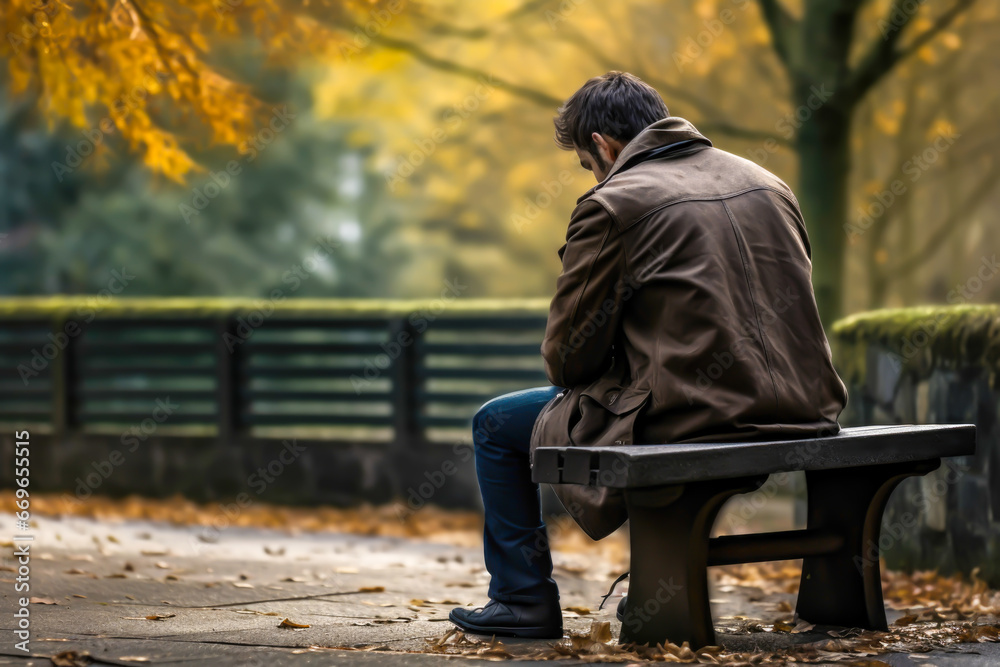 Fototapeta premium Man sitting alone on a park bench looking defeated