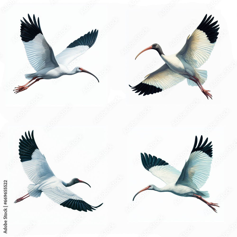 A set of White Ibises flying on a white background A set of White Ibises flying on a white background