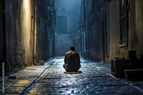 Man sitting alone in a dark alley photo